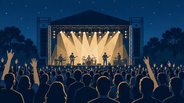 Illustration of an outdoor concert crowd facing a lit stage