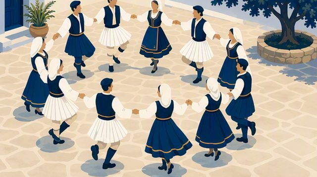 Illustration of traditional Greek folk dancers in a circle
