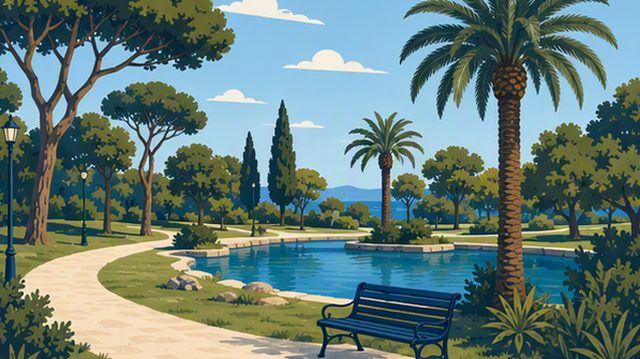 Illustration of a sunlit public park with pines and a path
